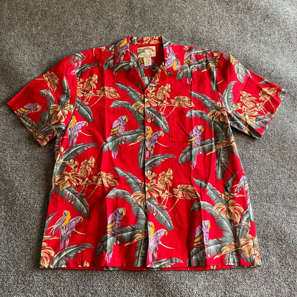 Paradise Found Mens Red Parrot Tropical Hawaiian Shirt Cotton Made in Hawaii L
